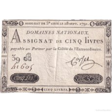 Billetes extranjeros: [#149056] FRANCIA, 5 LIVRES, 1791, 39B41605, BC+, KM:A49, LAFAURIE:144