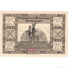 Billetes extranjeros: [#329512] BILLETE, ALEMANIA, HEMDINGEN GEMEINDE, 25 PFENNIG, ANIMAUX, 1922, 1922-01-31