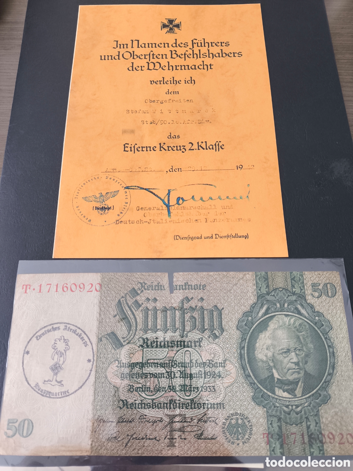 Billetes extranjeros: Documento Ek2 Rommel + billete - Foto 2
