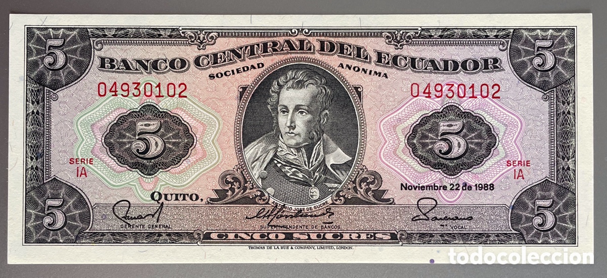 Billetes extranjeros: Ecuador. 5 sucres. 1988 - Foto 1
