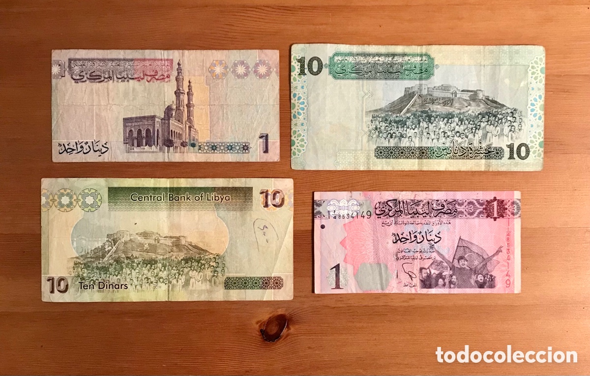 Billetes extranjeros: Billetes Libia (Libya). 2 de 1 dinar y 2 de 10 dinares. - Foto 2