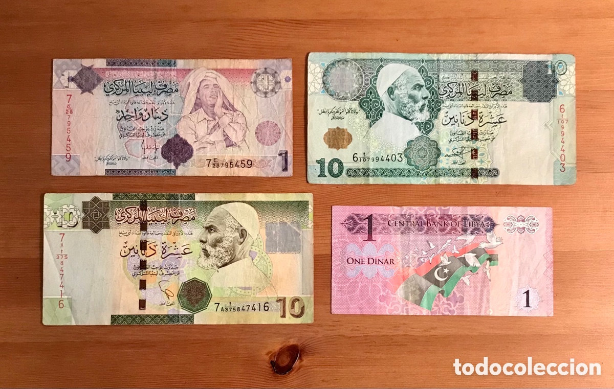 Billetes extranjeros: Billetes Libia (Libya). 2 de 1 dinar y 2 de 10 dinares. - Foto 1
