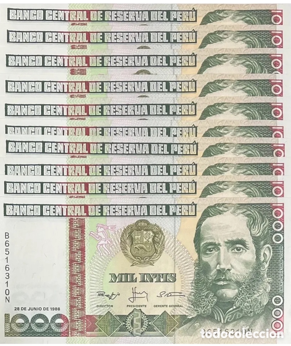 Internationale Banknoten: Lote x 10 Billetes PERU 1000 Intis 1988 SC