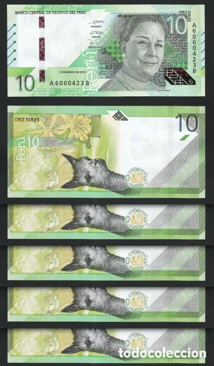 Notas Internacionais: Lote x 5 Billetes PERU 5 Soles 2019 SC