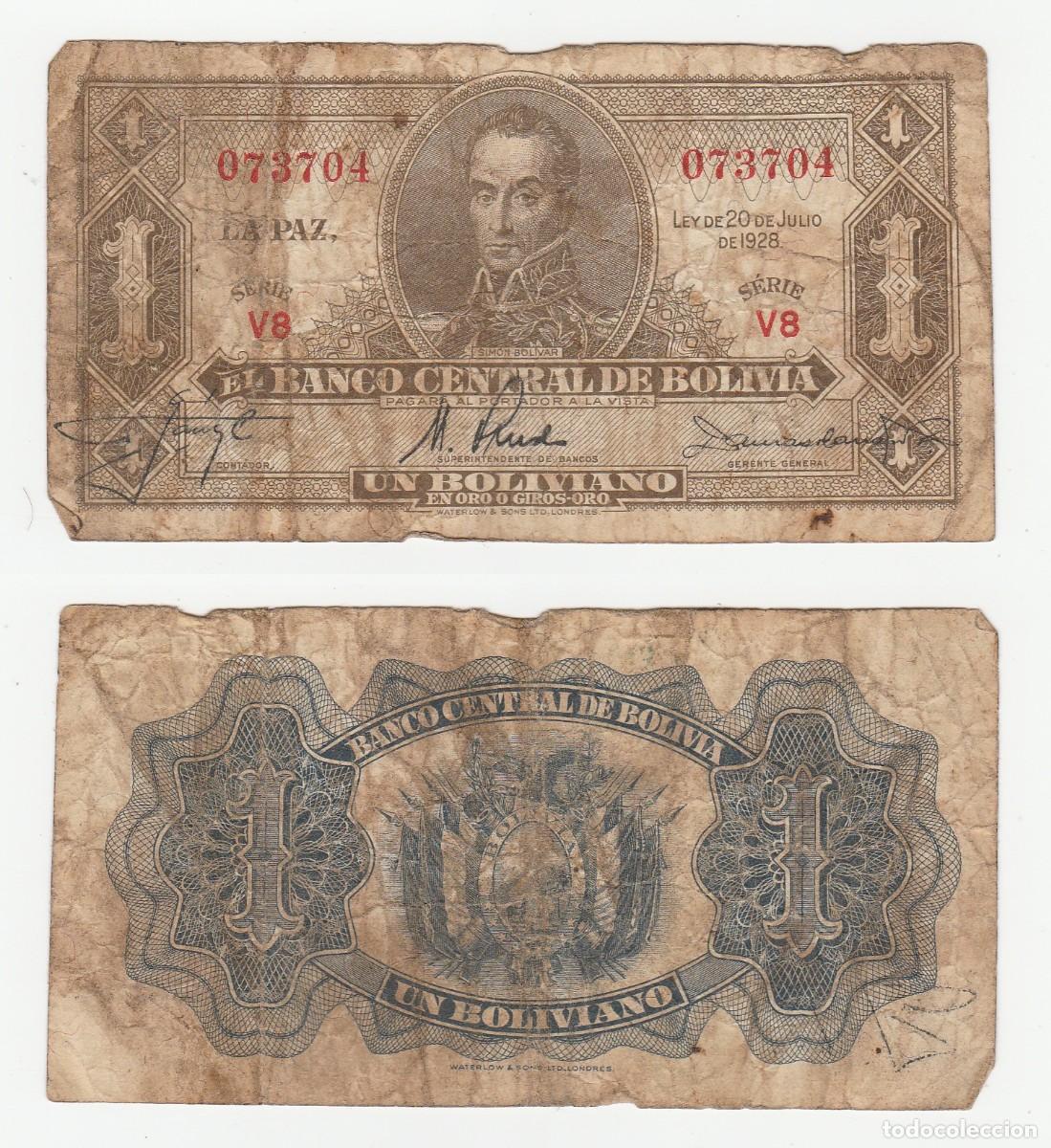 Internationale Banknoten: BOLIVIA 1 BOLIVIANO 1928 n/s 073704 Serie V8 CIRCULADO (el de la foto)