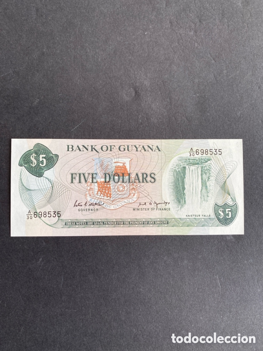 Billetes extranjeros: Billete de Guyana 5 dollars - Foto 1