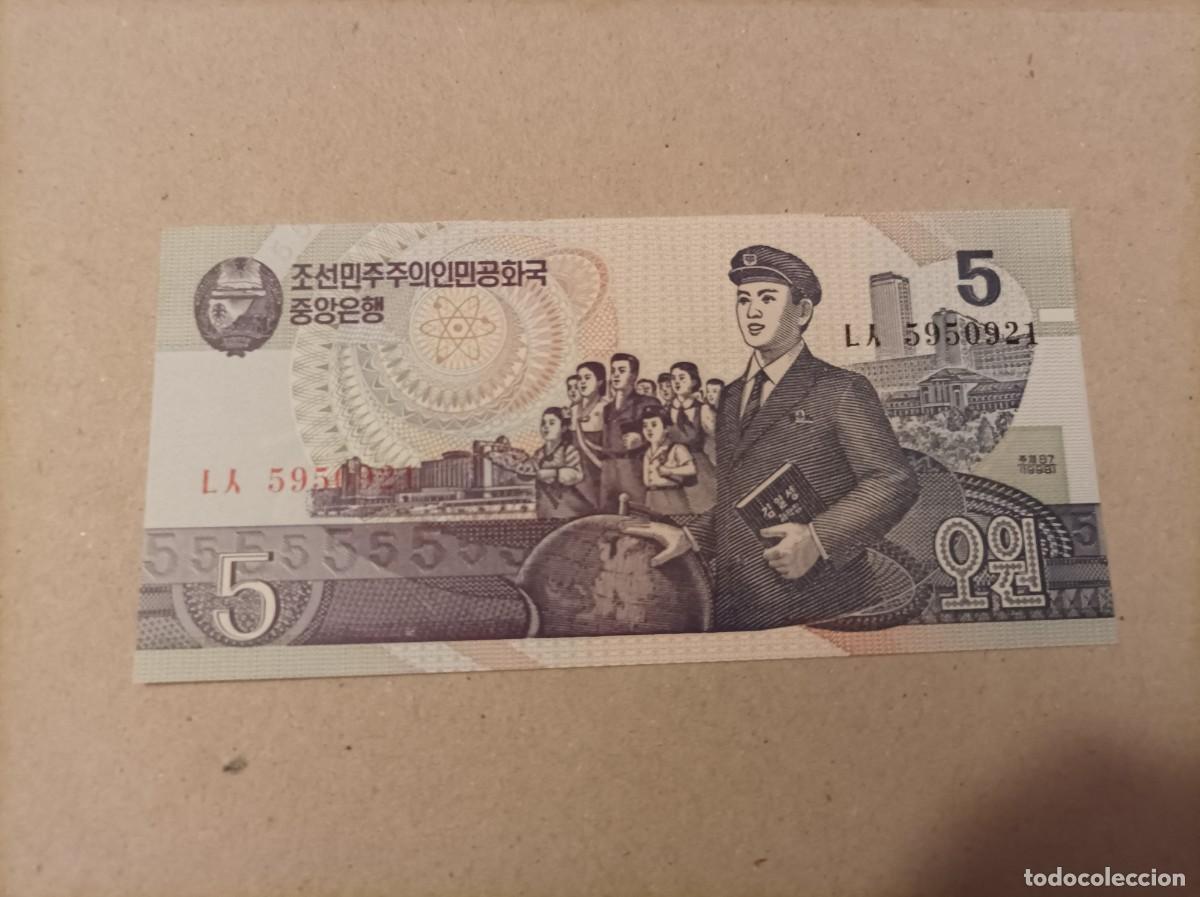 Billetes extranjeros: Billete Corea del norte 5 won, a&ntilde;o 1998, UNC - Foto 1