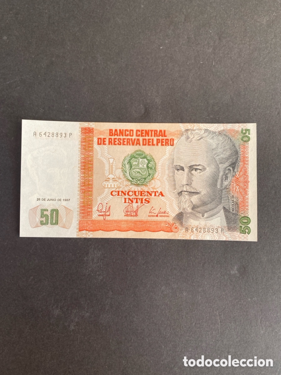 Billetes extranjeros: Billete de Peru 50 intis - Foto 1