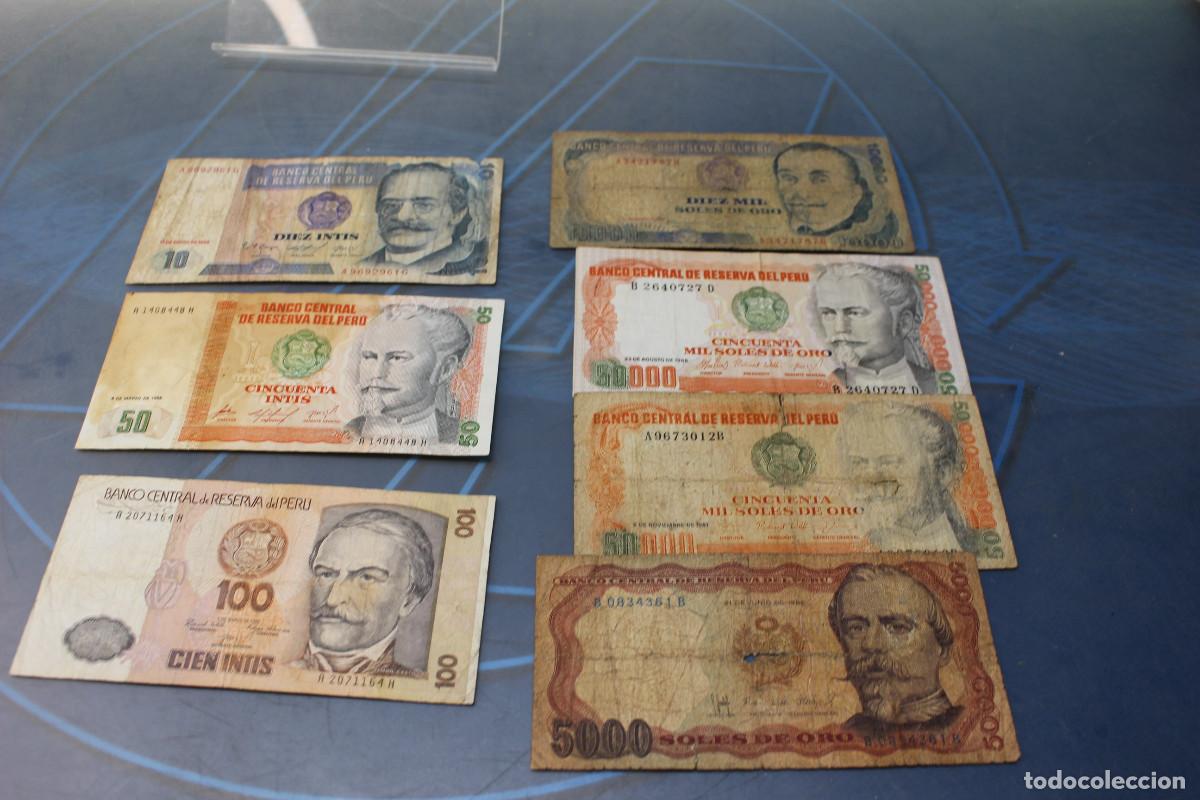 Billetes extranjeros: Per&uacute;, 7 billetes a&ntilde;os 80, soles e intis. - Foto 1