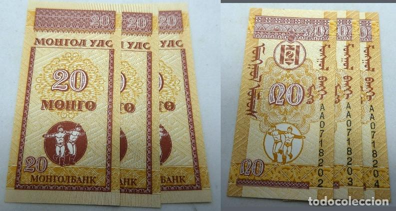 Billetes extranjeros: 3 Billetes de Mongolia correlativos 20 Mongo. 1993 sin circular - Foto 1