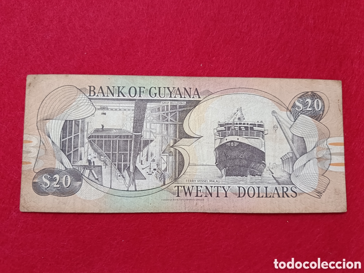 Billetes extranjeros: Billete de 20 D&oacute;lares Guyana Circulado - Foto 2