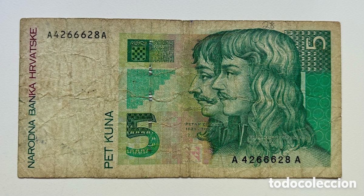 Billetes extranjeros: Billete CROACIA 5 Kuna 1993 - Foto 1