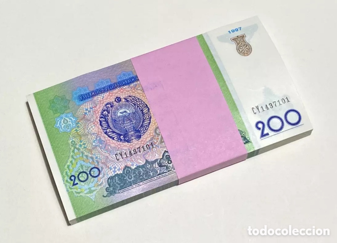 International Banknotes: Taco x 100 Billetes UZBEKISTAN 200 Som 1997 SC. Bundle Fajo.