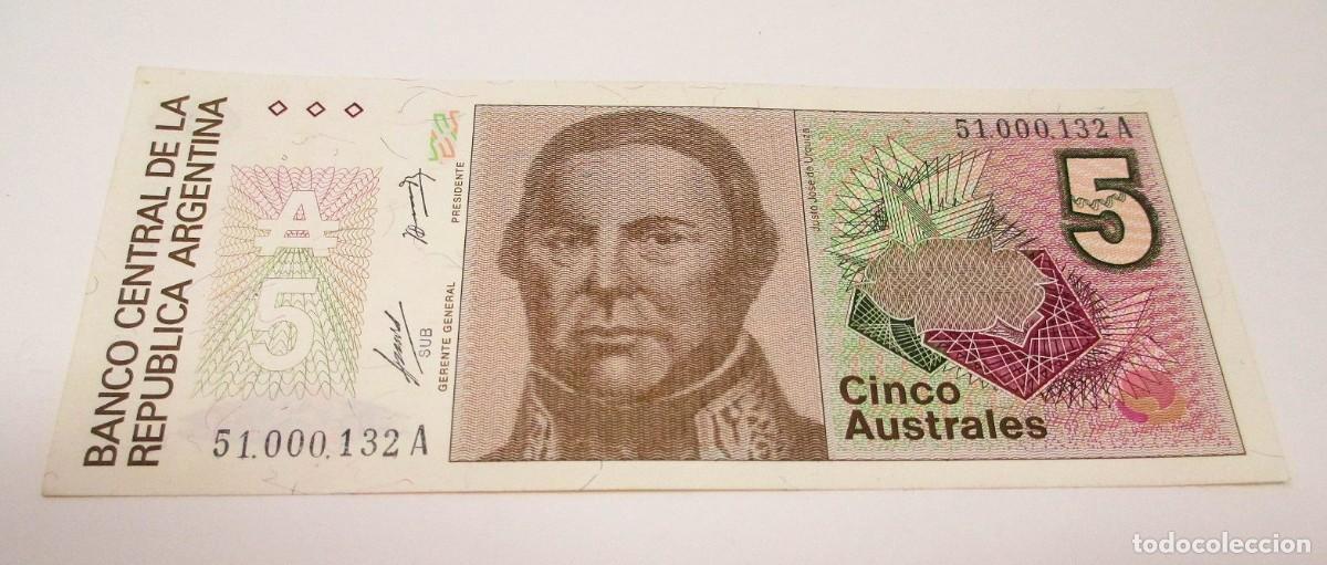 Billetes extranjeros: Billete de la Rep. Argentina de 5 Australes - Foto 1