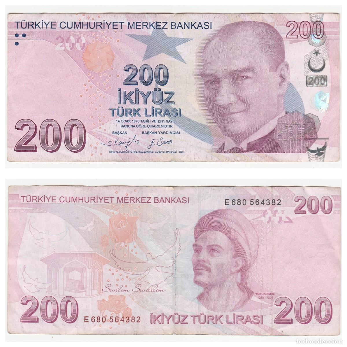 Internationale Banknoten: TURQUIA 200 LIRAS 2009 n/s E680564382 CIRCULADO (el billete de la foto)