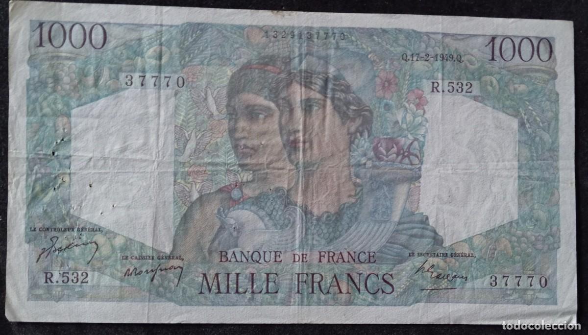 Billetes extranjeros: Francia 1000 francos 1949 pick 130B (BC+) - Foto 1