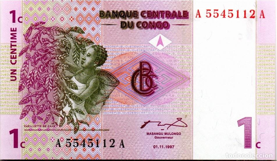 Billetes extranjeros: CONGO 1997, 1 CENTIME, P-80a, SC-UNC; 2 ESCANER - Foto 1