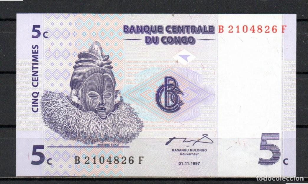 Billetes extranjeros: CONGO 1997, 5 CENTIMES, P-81a, SC-UNC; 2 ESCANER - Foto 1