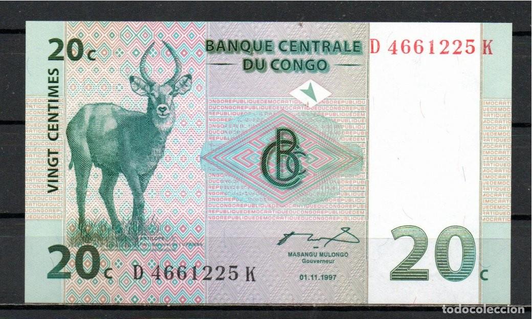 Billetes extranjeros: CONGO 1997, 20 CENTIMES, P-83a, SC-UNC; 2 ESCANER - Foto 1