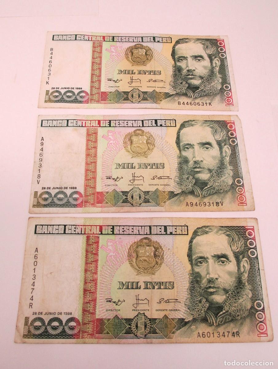 Billetes extranjeros: 3 Billetes de Mil Intis de Per&uacute; de 1988 - Foto 1