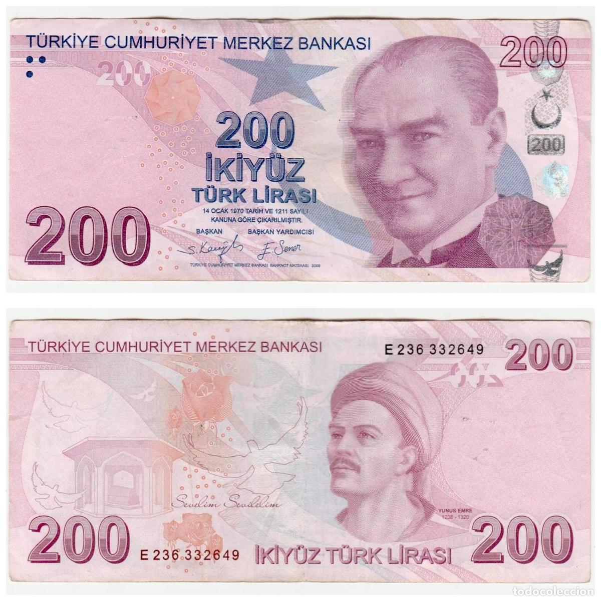 Internationale Banknoten: TURQUIA 200 LIRAS 2009 n/s E236332649 CIRCULADO (el billete de la foto)