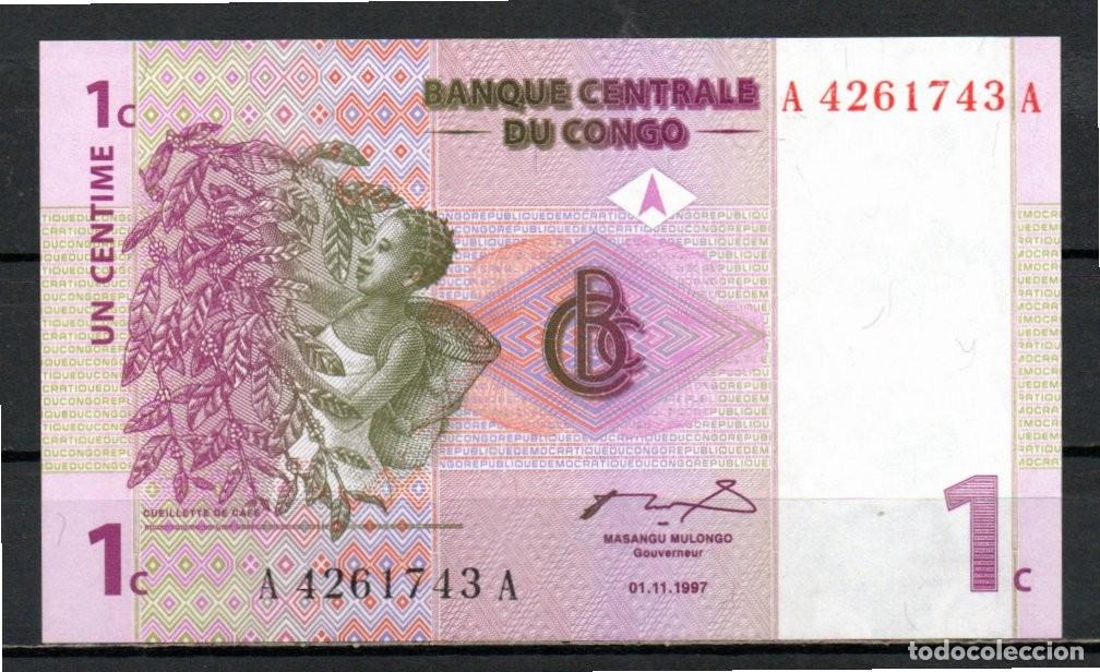 Billetes extranjeros: CONGO 1987, 1 C&Eacute;NTIME, P-80a, SC-UNC, 2 ESCANER - Foto 1