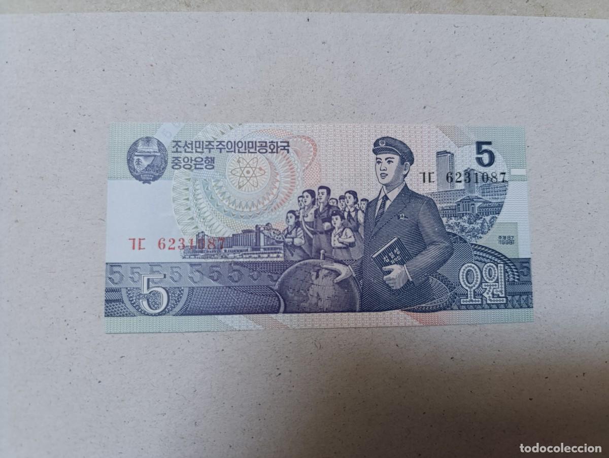 Billetes extranjeros: Billete Corea del norte, 5 won, a&ntilde;o 1998, UNC - Foto 1