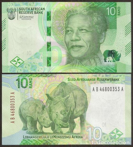 Billetes extranjeros: SUDAFRICA (Africa der Sur). 10 rand (2023). Fauna, familia de rinocerontes.
