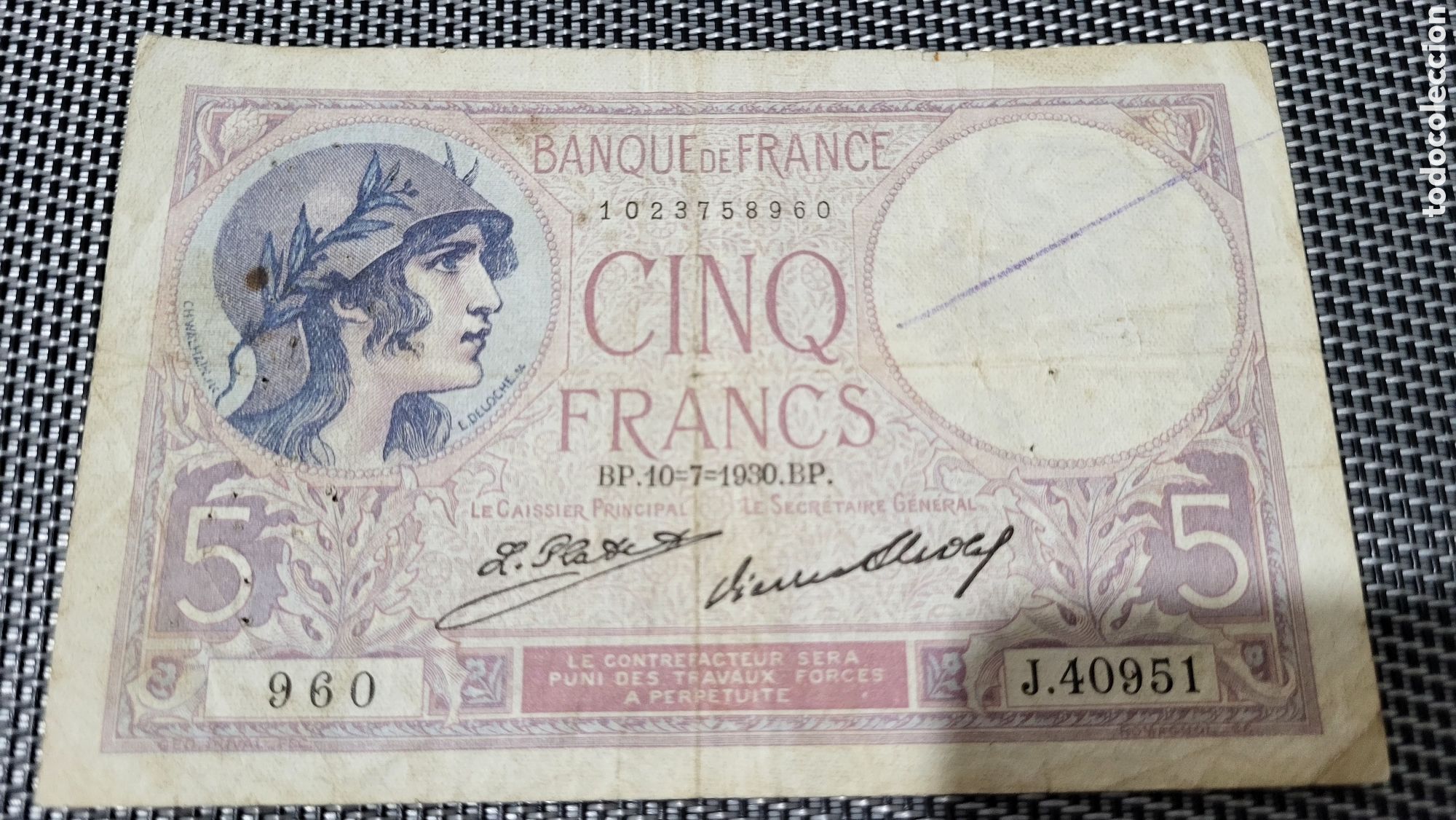Billetes extranjeros: Billete 5 francs Francia 1930 - Foto 1