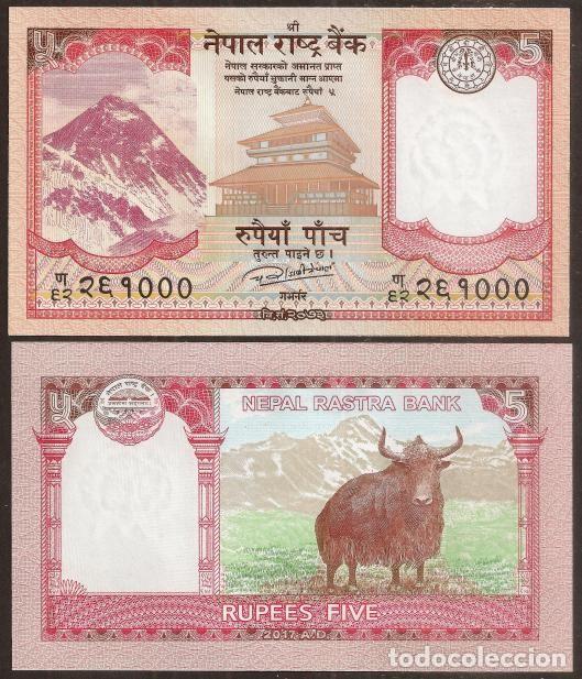 Billetes extranjeros: NEPAL. 5 rupees (2017). S/C. Fauna, 1 yak en el reverso. Ver firma.