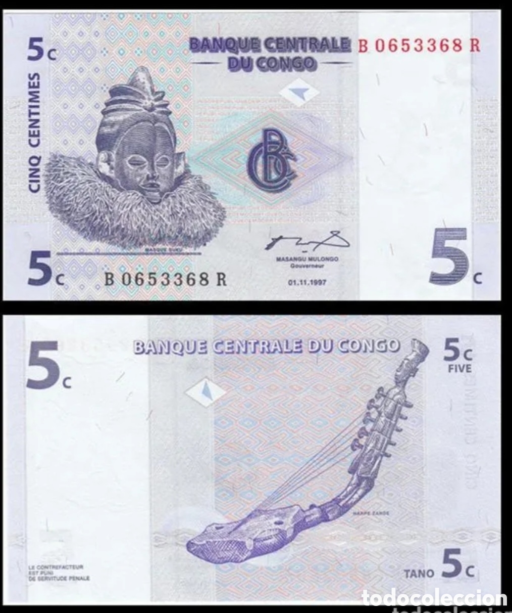 Billetes extranjeros: Billete congo 5 original % sin circular - Foto 1