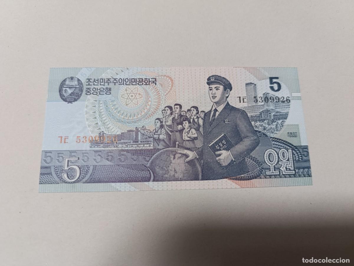 Billetes extranjeros: Billete Corea del norte, 5 won, a&ntilde;o 1998, UNC - Foto 1