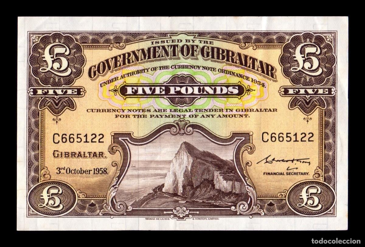Billetes extranjeros: Gibraltar 5 Libras 1958 Pick 19a Ebc- aXf - Foto 1