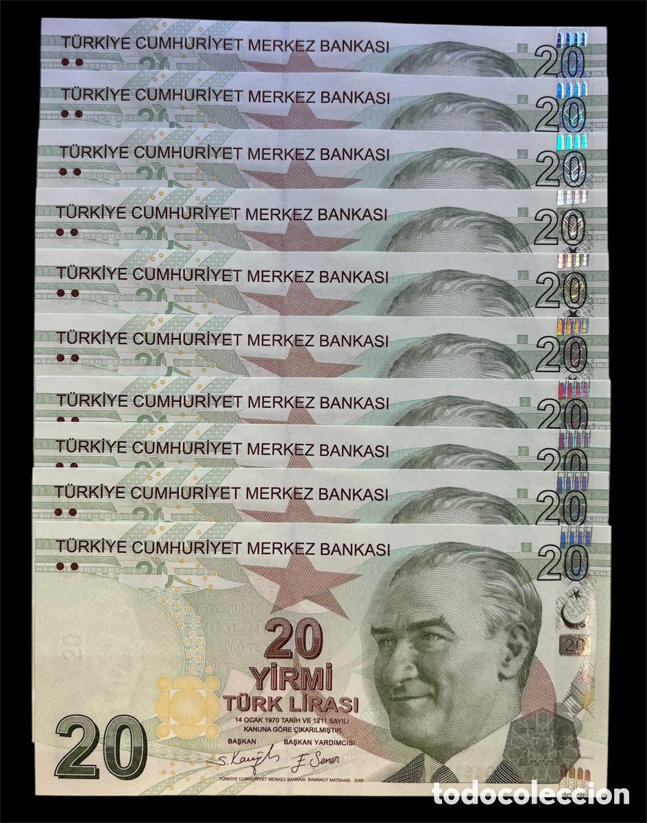 Billets internationaux: Lote x10 Billetes TURQUIA 20 Liras 2009 (2022) SC Serie G. Pick 224f