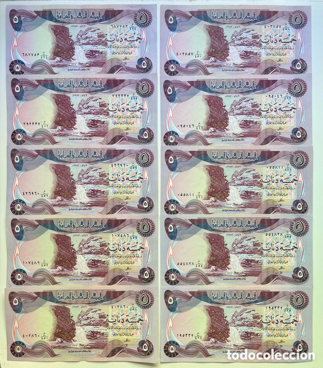 Banconote internazionali: Lote x 10 Billetes IRAQ 5 Dinars (1980-1982) EBC\EBC+ Irak