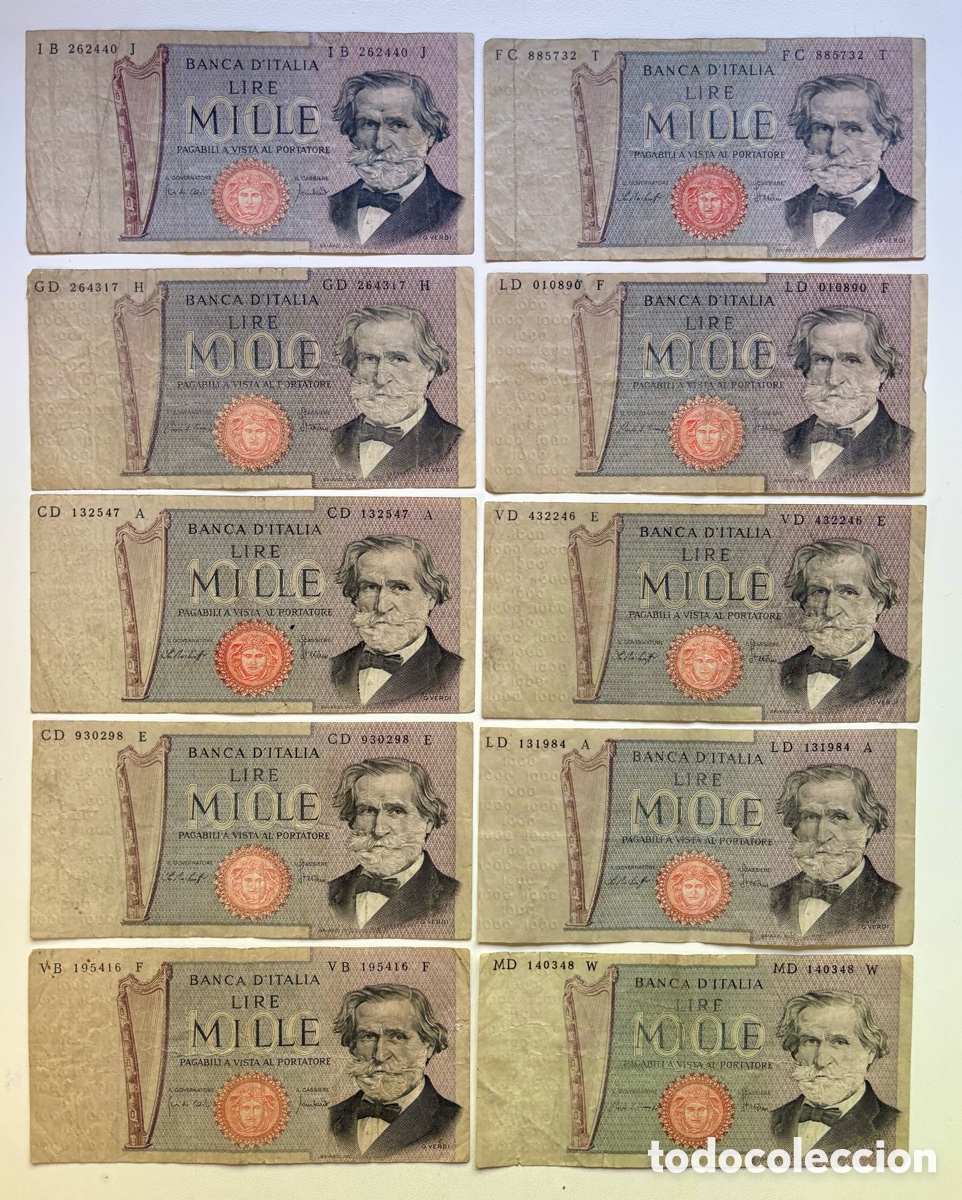 Billets internationaux: Lote x 10 Billetes ITALIA 1000 Lira 1969. BC\BC+. Pick 101. Lire