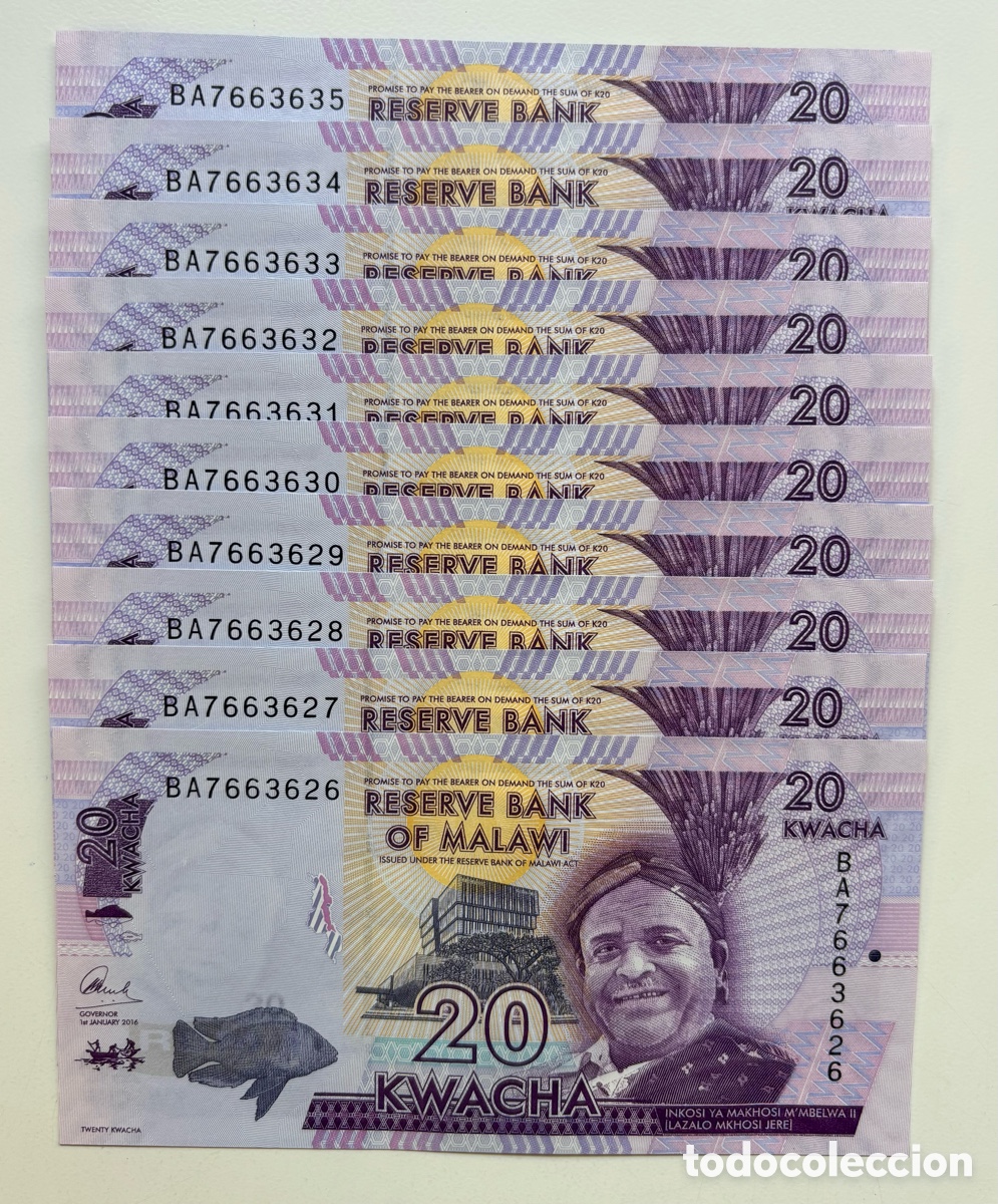 International Banknotes: Lote x 10 Billetes MALAWI 20 Kwacha 2016 SC. Pick 63c