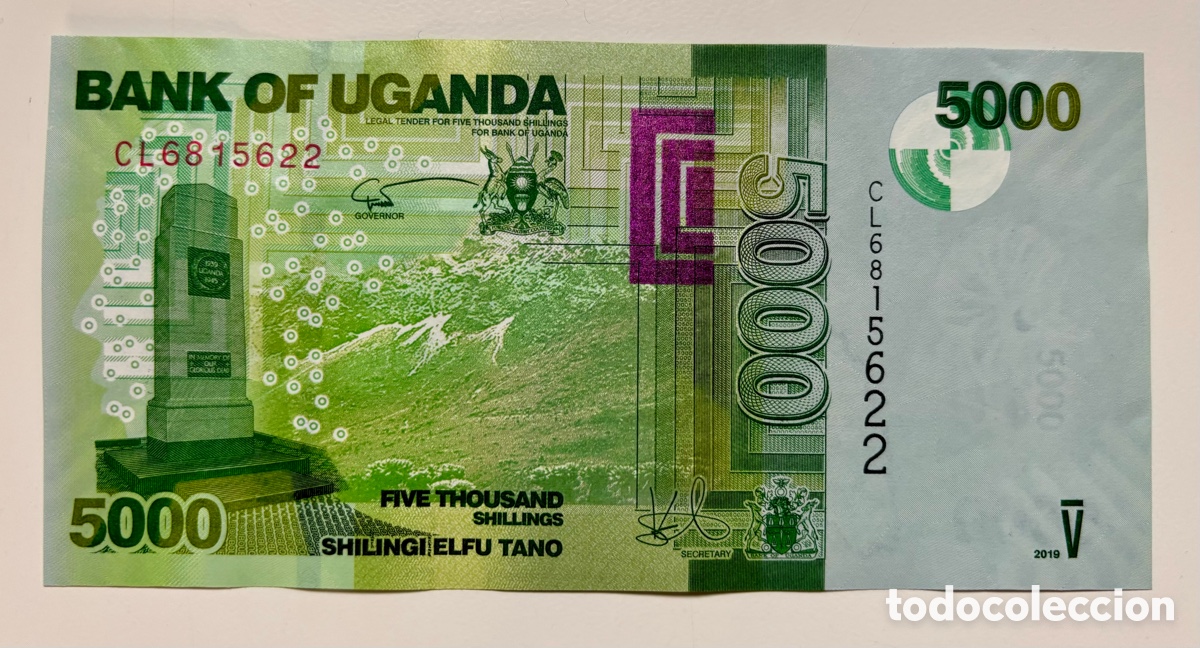 Billetes extranjeros: Billete UGANDA 5000 Chelines 2019 SC - Foto 1