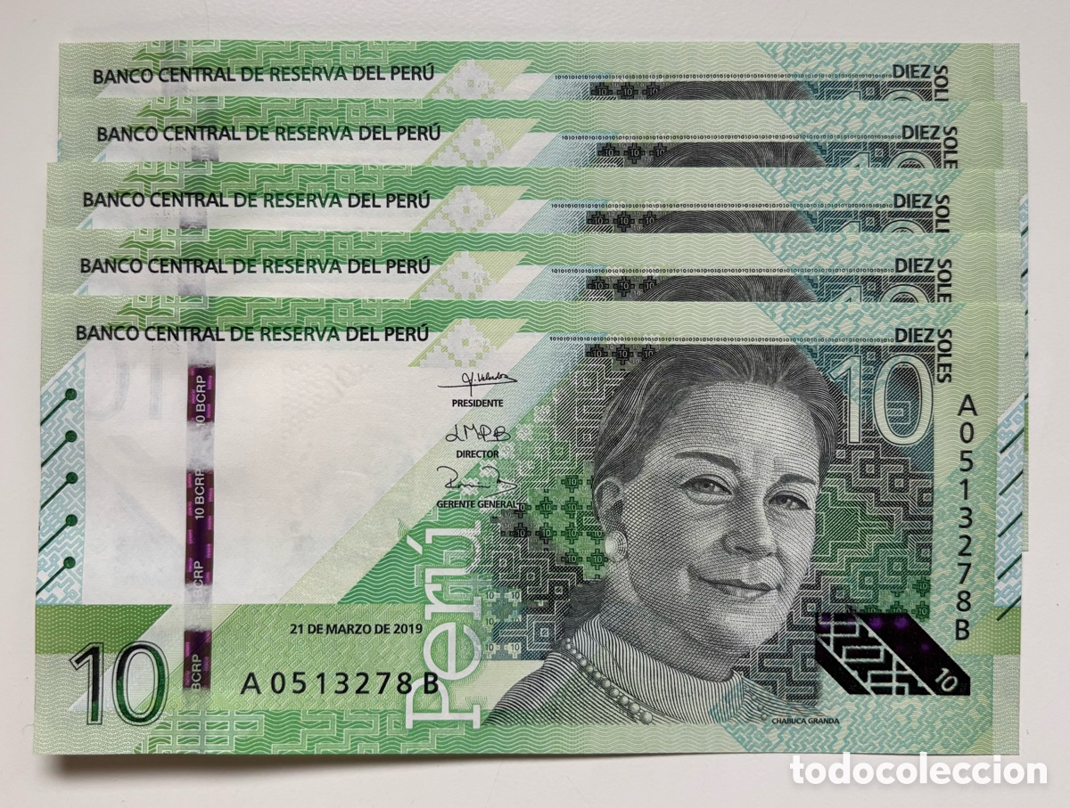 Internationale Banknoten: Lote x5 Billetes PERU 10 Soles 2019 SC. Pick 196