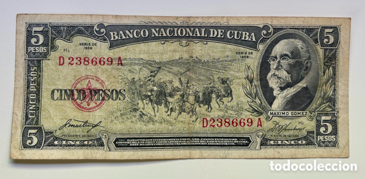 Billetes extranjeros: Billete CUBA 5 Pesos 1958. Maximo G&oacute;mez - Foto 1