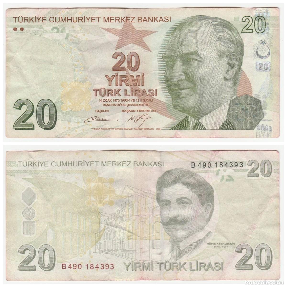 International Banknotes: TURQUIA 20 LIRAS 2009 n/s B490 184393 CIRCULADO (el billete de la foto)