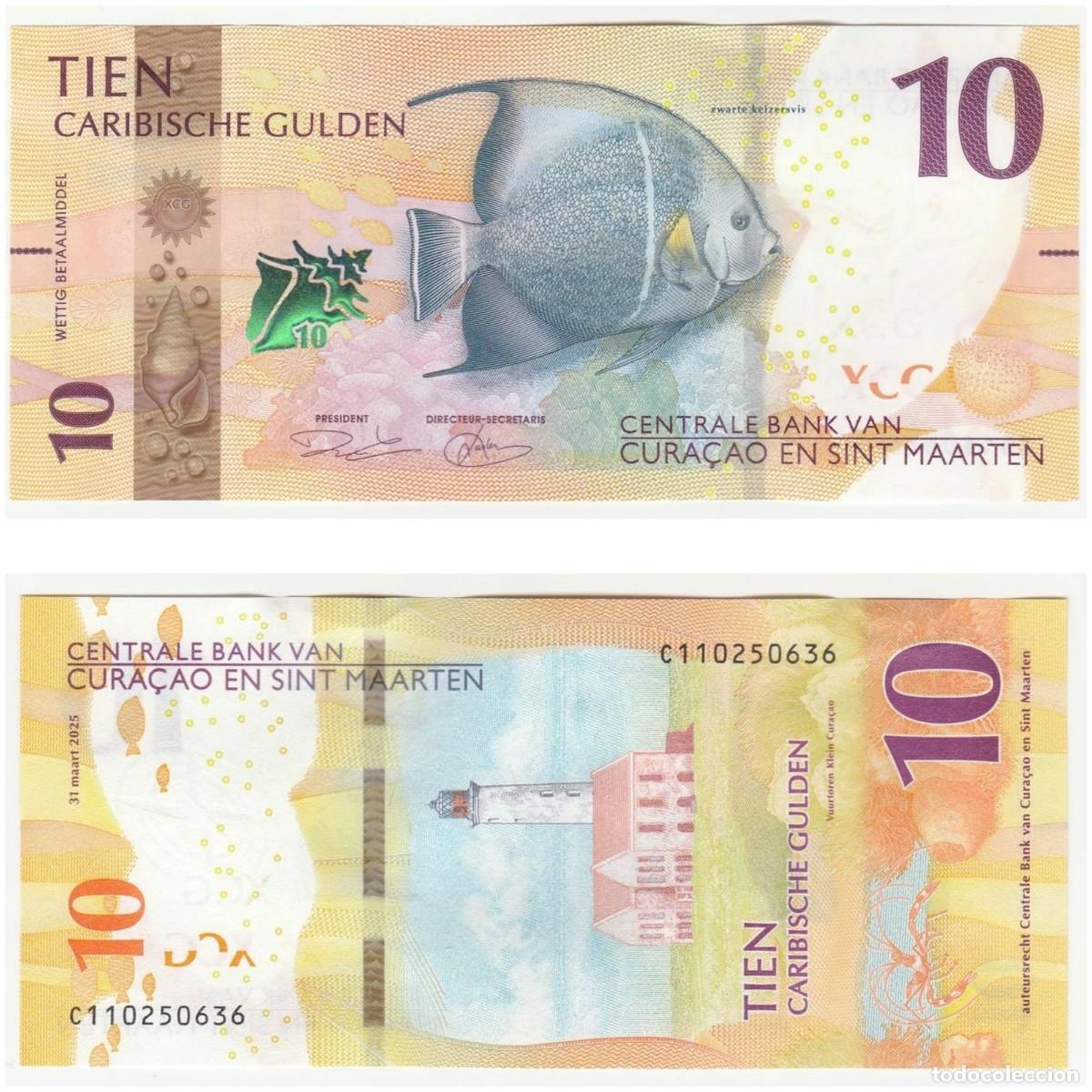 Internationale Banknoten: CURA&Ccedil;AO & ST MARTEEN 10 GULDEN 2025 Pick 1 n/s C110250636 SIN CIRCULAR (el de la foto)