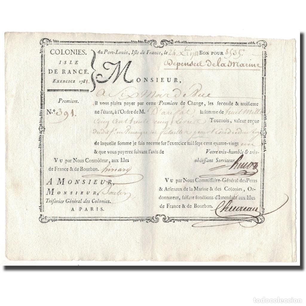 Billets internationaux: [#665493] Francia, Traite, Colonies, Isle de France, 8535 Livres, D&eacute;penses de la Marine