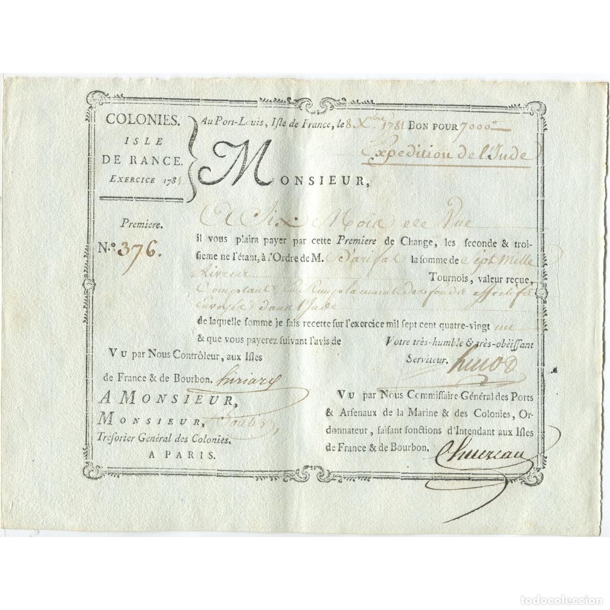 Billetes extranjeros: [#868892] Francia, Traite, Colonies, Isle de France, 7000 Livres, Exp&eacute;dition de l'Inde