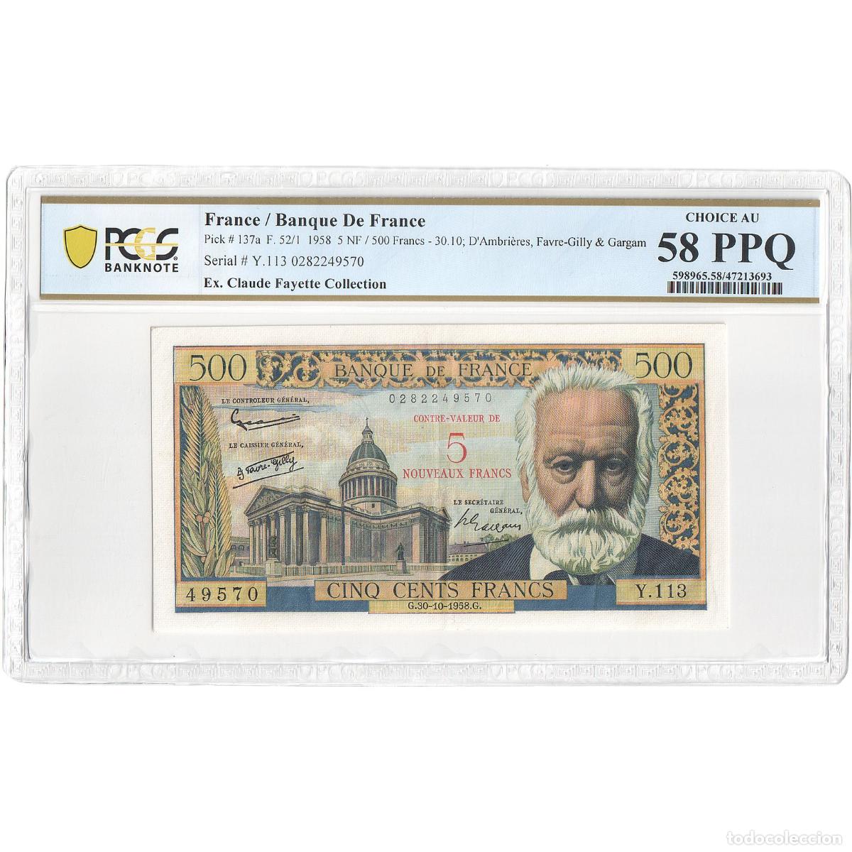 Billetes extranjeros: [#869804] Francia, 5 Nouveaux Francs on 500 Francs, Victor Hugo, 1958, Y.113, graded