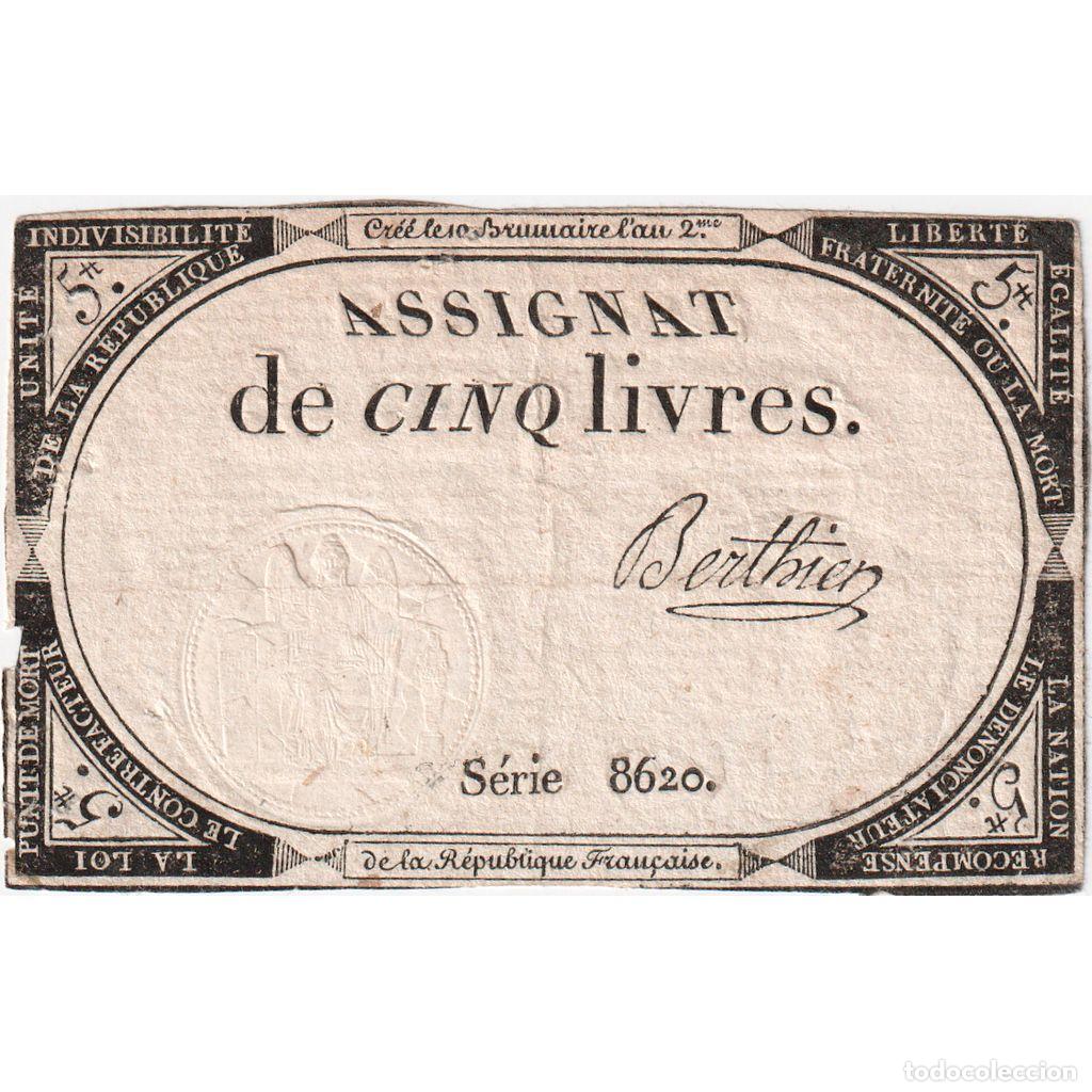 International Banknotes: [#376599] Francia, 5 Livres, 10 brumaire de l'an 2 - (31 octobre 1793), 8620, BC