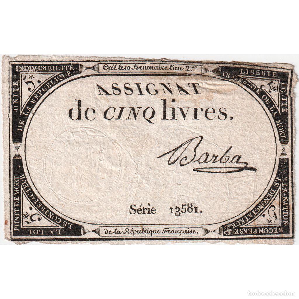 Billetes extranjeros: [#376616] Francia, 5 Livres, 10 brumaire de l'an 2 - (31 octobre 1793), 13581, MBC