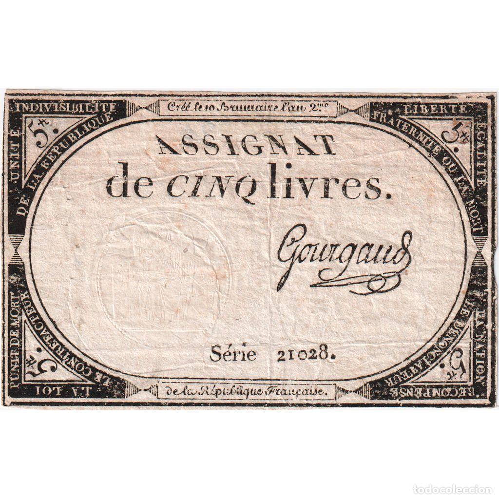 Billetes extranjeros: [#376620] Francia, 5 Livres, 10 brumaire de l'an 2 - (31 octobre 1793), 21028, MBC