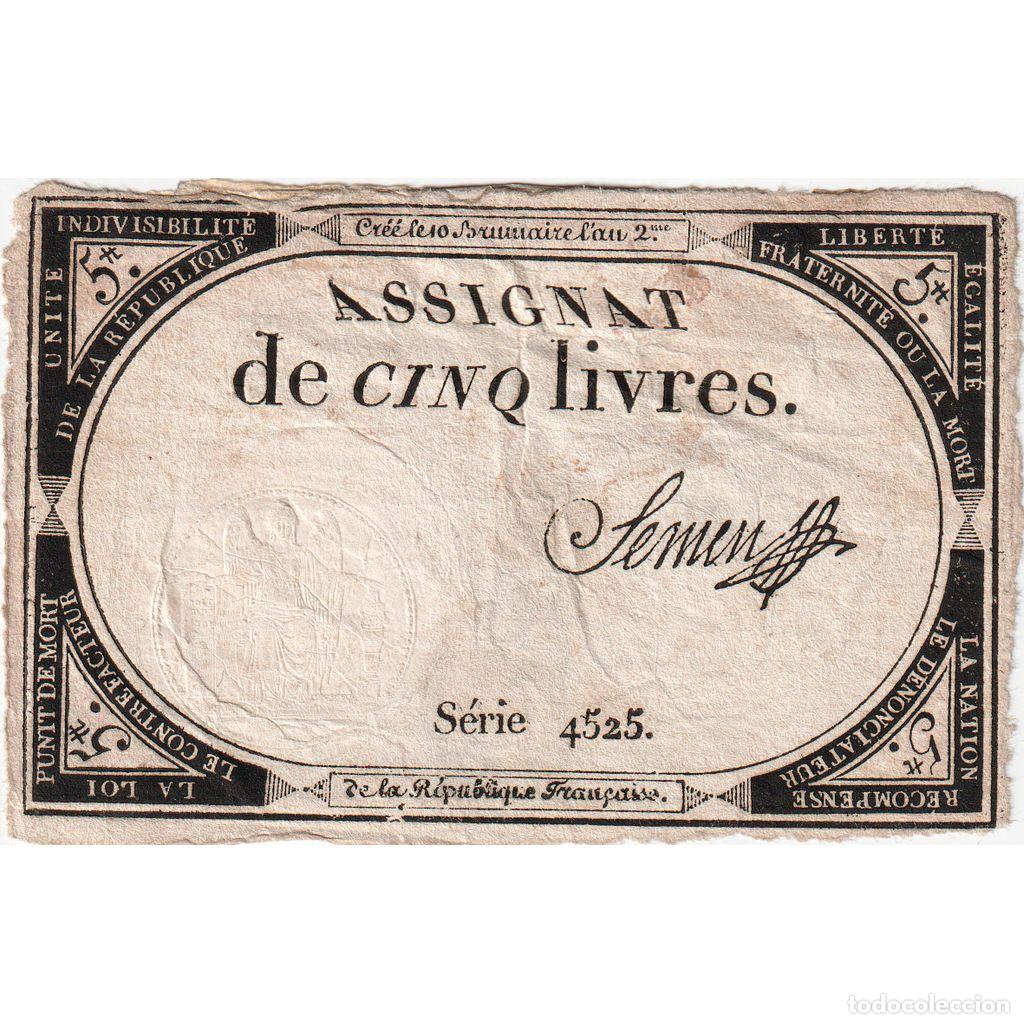 International Banknotes: [#376639] Francia, 5 Livres, 10 brumaire de l'an 2 - (31 octobre 1793), 4525, MBC
