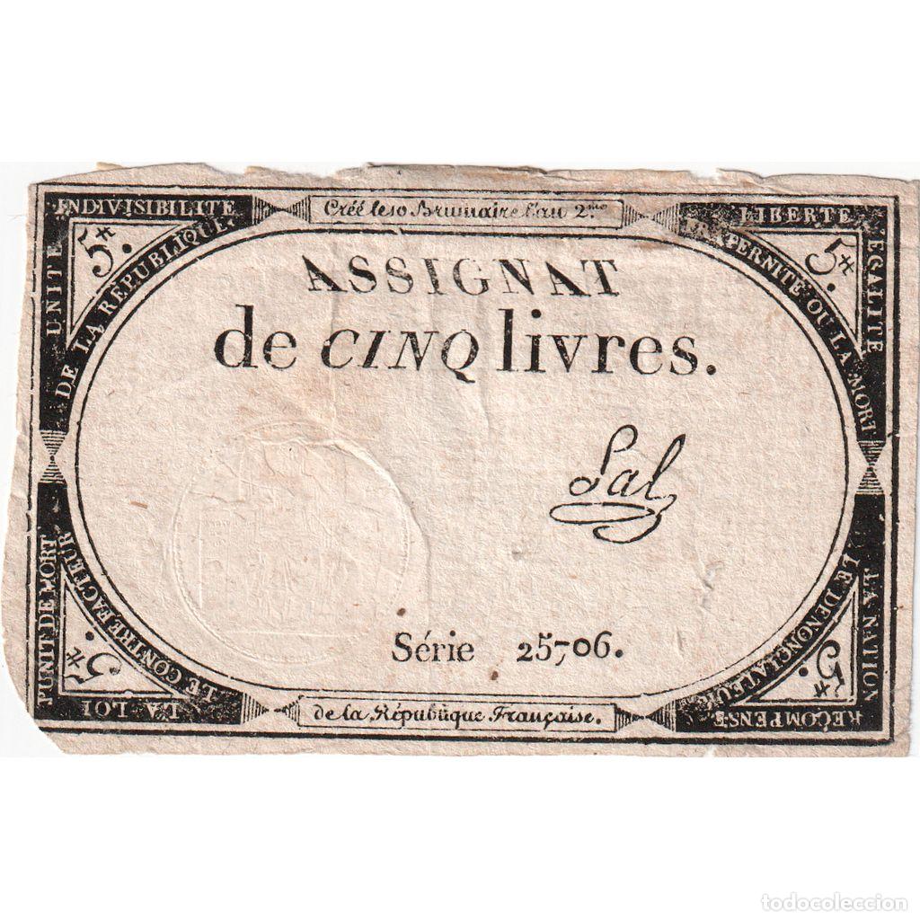 Banconote internazionali: [#376642] Francia, 5 Livres, 10 brumaire de l'an 2 - (31 octobre 1793), 25706, MBC